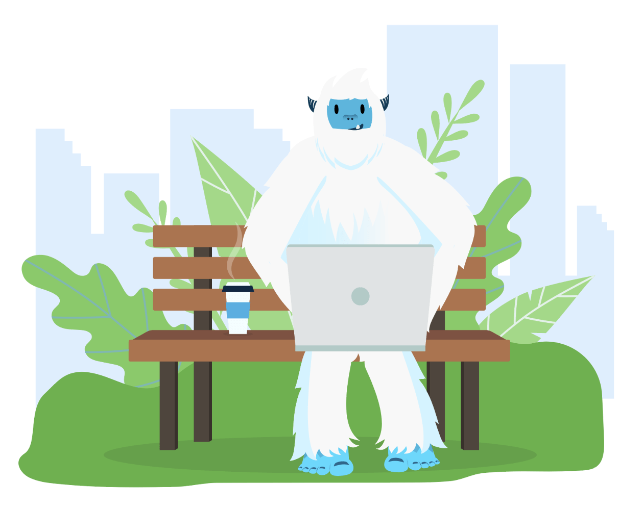 Illustration of Carl the Yeti sitting on a park bench with a laptop.