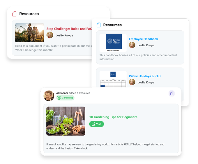 Image of resources hosted in an employee communication software to improve team collaboration.