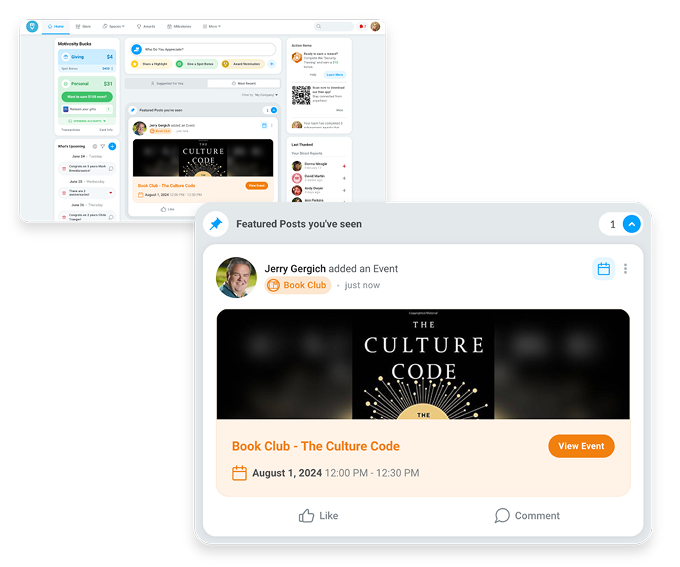 Image of pinned employee communication on the social feed in Motivosity with a user friendly interface.