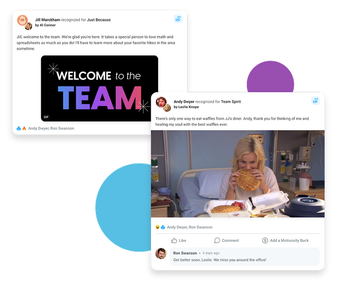 Image of peer recognition in the Motivosity social feed as part of an effective peer recognition program.