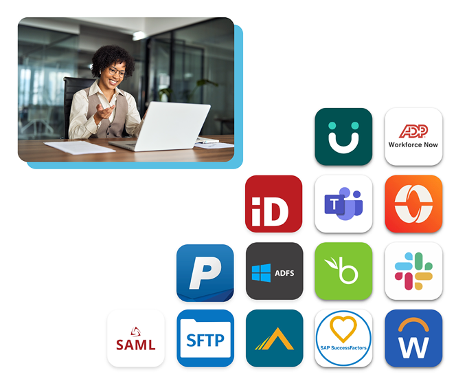 Image of integrations for Motivosity's recognition program, like Microsoft Teams, Slack, and more.