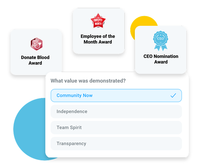 Image of possible awards within Motivosity such as "Donate Blood Award," "Employee of the Month Award," or "CEO Nomination Award," and another image showing an example of company values that can be recognized within Motivosity.