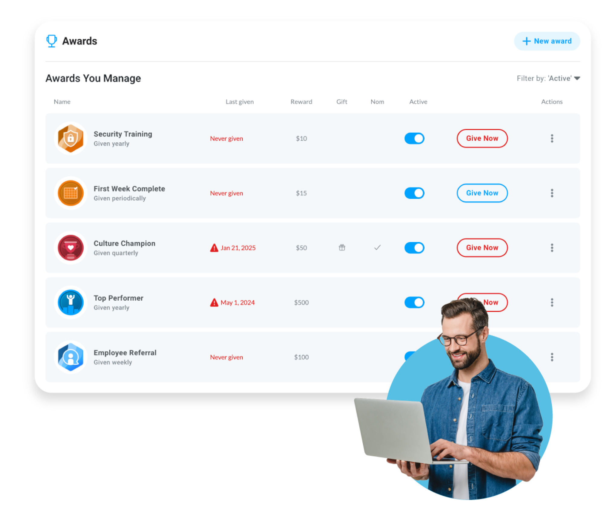 Image of possible awards that can be set up on the Motivosity Awards page, such as "Security Training," "First Week Complete," "Culture Champion," "Top Performer," and "Employee Referral."