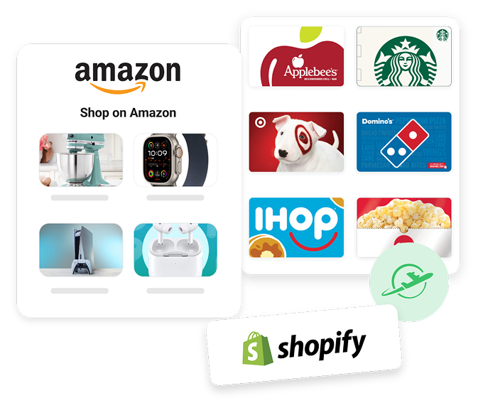 Image of different gift cards that can be awarded in Motivosity, such as Amazon, Applebee's, Starbucks, Target, Domino's, IHOP, or AMC. Plus an additional Shopify logo for Shopify stores than can be connected through Motivosity.