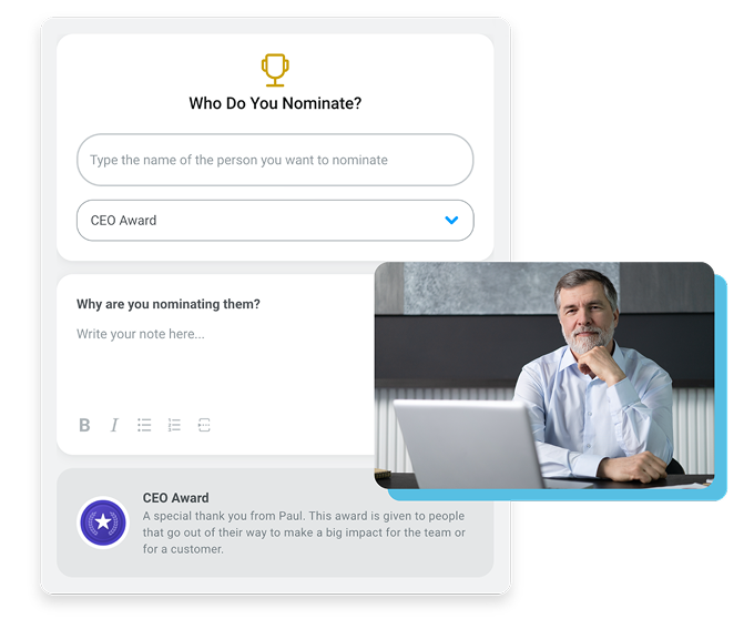 Image of the Nomination Award submission form in Motivosity, alongside a smaller image of a male executive sitting in front of his laptop.