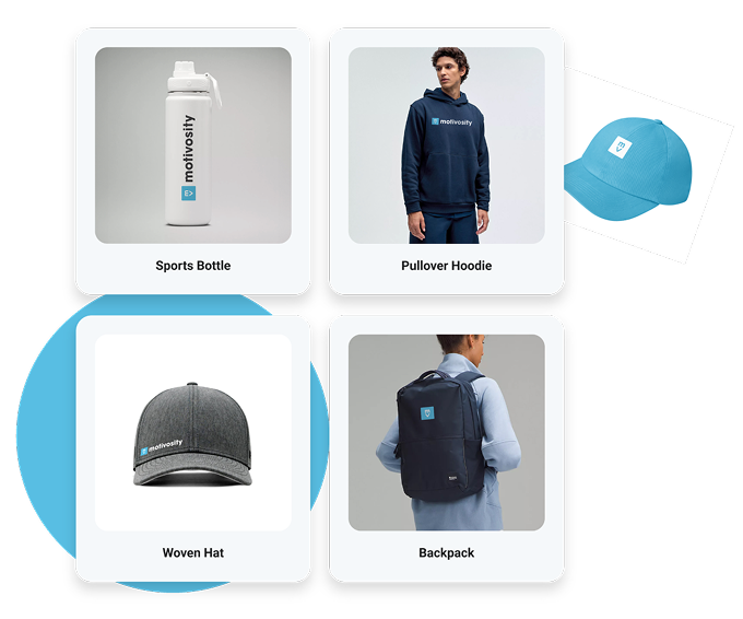 Image of examples of branded company swag such as a water bottle, pullover hoodie, woven hat, and a backpack.