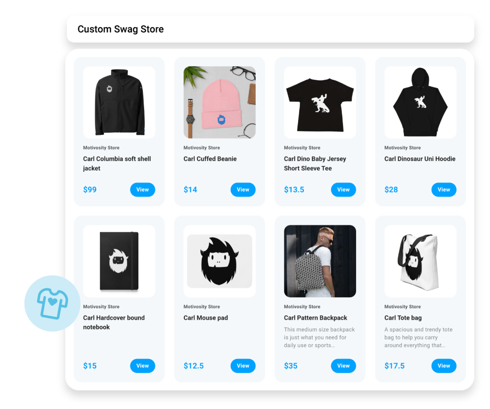 Image of a custom swag store showing examples of swag such as shirts, beanies, and tote bags.