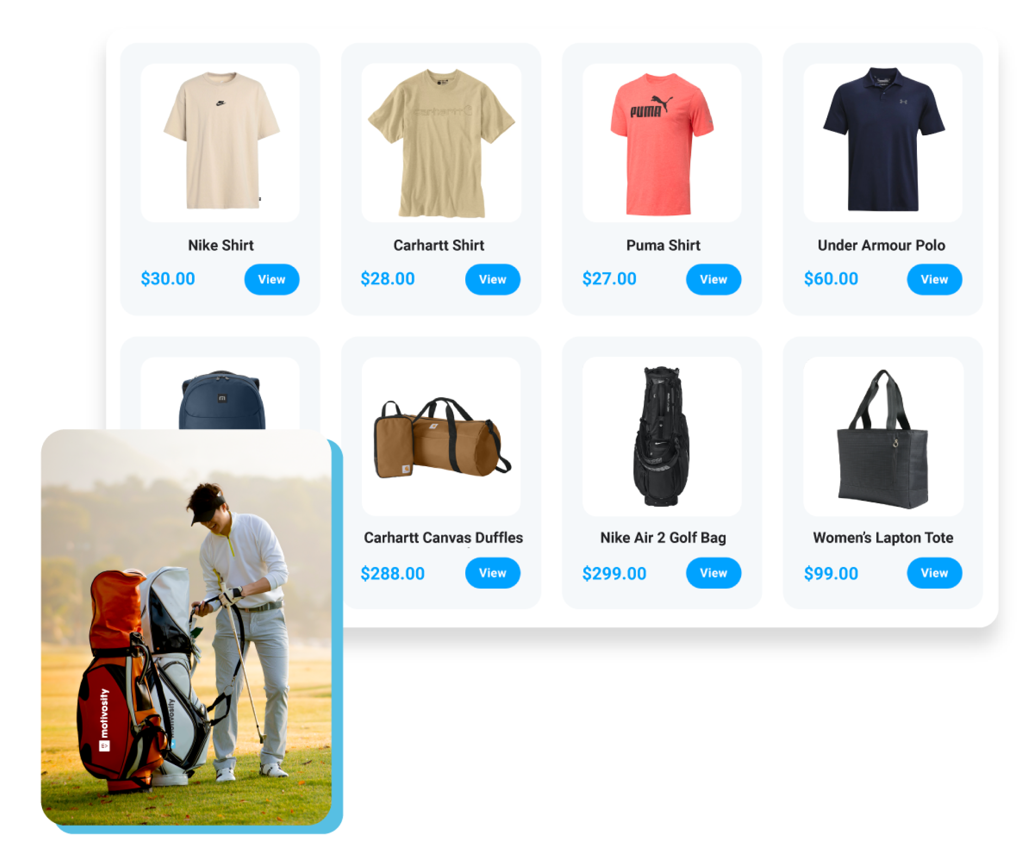 Screenshot of the Motivosity Store UI showing high-end swag items featuring brands such as Nike, Carhartt, or Puma, and then a smaller image of a golfer getting a club out of his custom-branded golf bag.