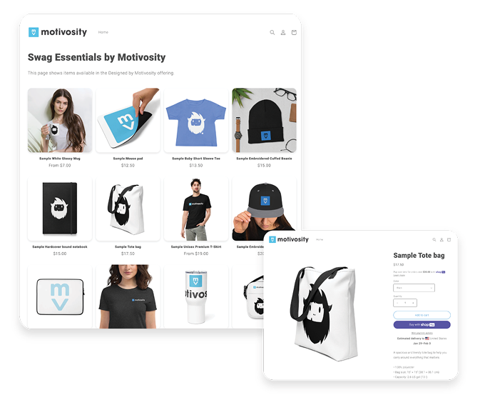 Screenshot of the Motivosity UI showing an example of a Swag Essentials storefront, and a smaller image of sample tote bag.