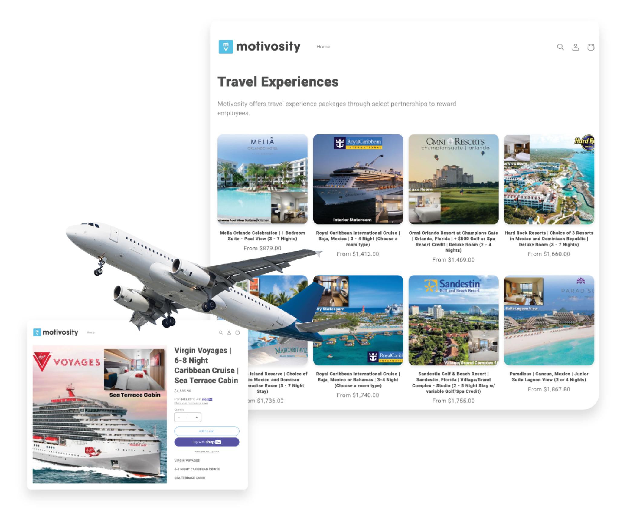 Image of the Travel Experiences UI within Rewards by Motivosity, and a smaller image of a cruise ship experience.