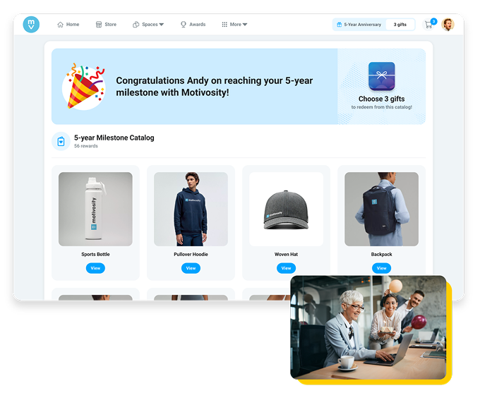 Image of a custom gift catalog within Motivosity, and a smaller image of co-workers celebrating an employee milestone.