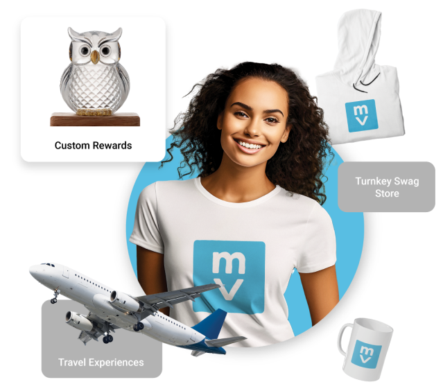 Image of a woman in a Motivosity t-shirt surrounded by Motivosity reward options including custom gifts, swag store, and travel experiences